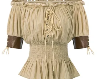 Belle Poque Women's Pleated Stretch Peasant Blouses Off Shoulder Smocked Waist Khaki Size M steampunk buy now online