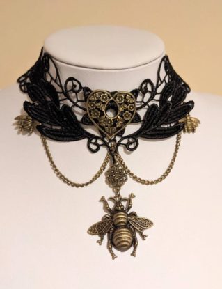 Bee necklace victorian choker, Steampunk black lace choker with antique bronze bumble bee, Black gothic jewellery gift for bee lover by LiaNerula steampunk buy now online