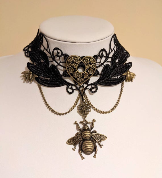 Bee necklace victorian choker, Steampunk black lace choker with antique bronze bumble bee, Black gothic jewellery gift for bee lover by LiaNerula steampunk buy now online