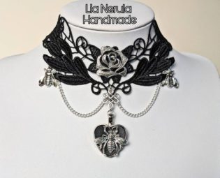 Bee necklace victorian choker, Steampunk black lace choker with tibetan silver bumble bee, Black gothic jewellery gifts for her by LiaNerula steampunk buy now online