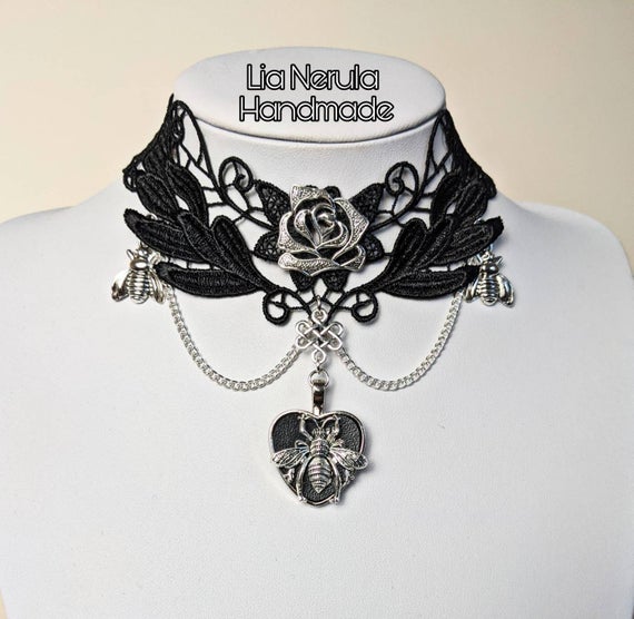 Bee necklace victorian choker, Steampunk black lace choker with tibetan silver bumble bee, Black gothic jewellery gifts for her by LiaNerula steampunk buy now online