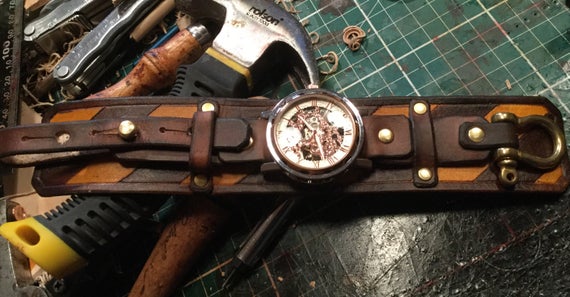 Fallout inspired unisex wrist watch made from full grain veg tan leather. Free UK Delivery. Post apocalyptic stylings by BroadarrowJack steampunk buy now online