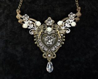 Gorgeous Steampunk jewelry - Romantic handmade bib necklace in bronze and silver tones with heart, cherubs, flowers & crystal drop by KindHeartsEmporium steampunk buy now online
