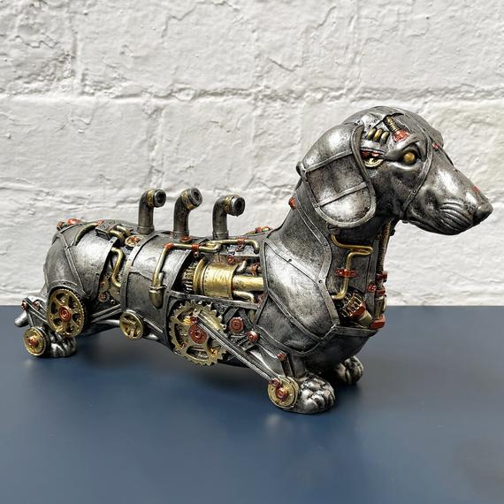 Industrial Silver Resin Gothic Steampunk Daschund Sausage Dog Sculpture Ornament by Darthomeltd steampunk buy now online