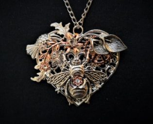 Steampunk "Bee Mine" jewelry - romantic heart-shaped silver and rose gold Queen Bee Pendant Necklace with rhinestone diamante crystals by KindHeartsEmporium steampunk buy now online