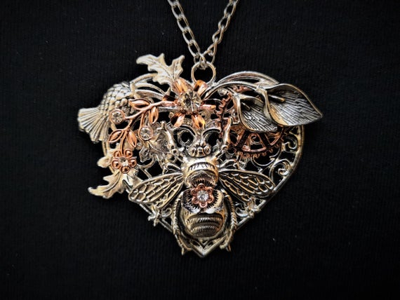 Steampunk "Bee Mine" jewelry - romantic heart-shaped silver and rose gold Queen Bee Pendant Necklace with rhinestone diamante crystals by KindHeartsEmporium steampunk buy now online