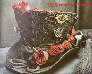 Steampunk Black silk Top hat with 3D laces and hand made Deep red/wine roses and jewels and antique riveted key hole plate in 55,56,57,58cm by SteamPunkMastery steampunk buy now online