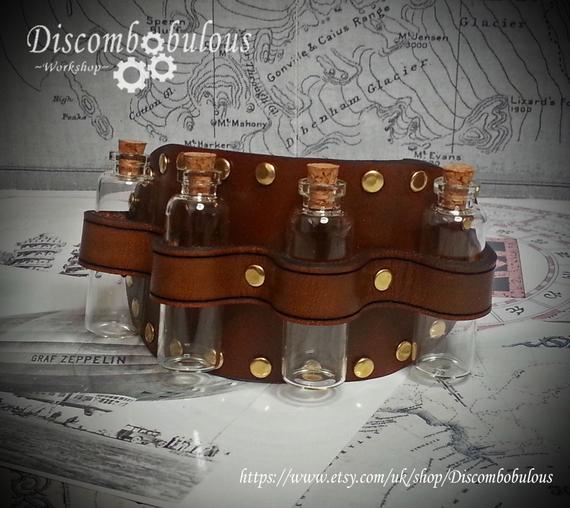 Steampunk Leather Sleeve Garter with bottles, steampunk accessory, costume accessory, cosplay, steampunk bottles, dnd, larp, rpg, apothacery by Discombobulous steampunk buy now online