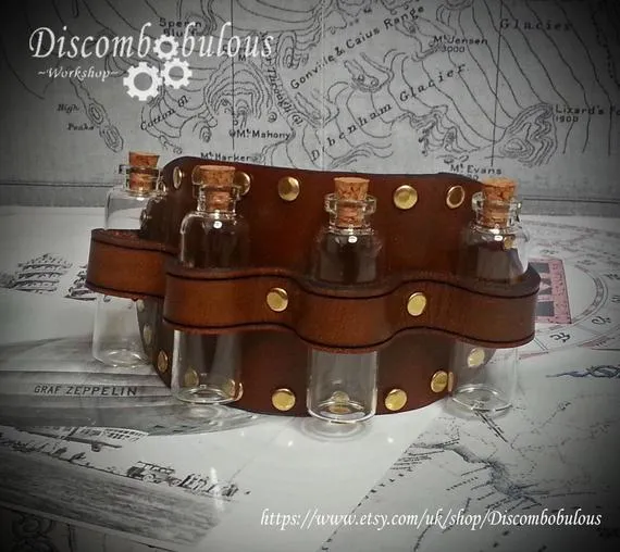 Steampunk Leather Sleeve Garter with bottles, steampunk accessory, costume accessory, cosplay, steampunk bottles, dnd, larp, rpg, apothacery by Discombobulous steampunk buy now online Steampunk Leather Sleeve Garter with bottles, steampunk accessory, costume accessory, cosplay, steampunk bottles, dnd, larp, rpg, apothacery by Discombobulous steampunk buy now online