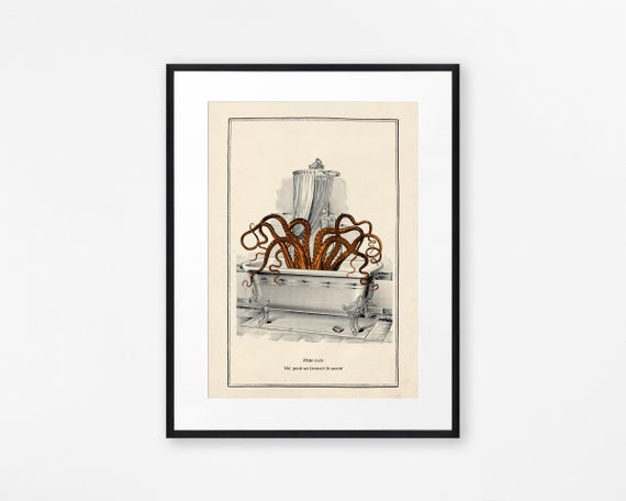 Vintage Octopus in the Bath Print, Funny Bathroom Wall Art, Surreal Gothic Art, Steampunk Bathroom Wall Print by BrightBlueStar steampunk buy now online