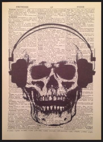 Parksmoonprints Skull Skeleton Vintage Dictionary Print Gothic Wall Art Steampunk Picture Hipster Top Hat Humanised Quirky Gift Rose Love Ear phones steampunk buy now online