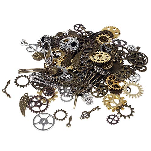 BIHRTC 200 Gram Antique Steampunk Gear DIY Assorted Mixed Color Metal Cog Wheel Skull Brass Key Pendant Charms for Craft Jewelry Making Accessory steampunk buy now online