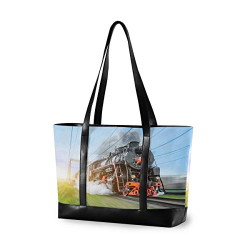 Hunihuni Laptop Tote Bag Vintage Steam Train Woman Large Capacity Canvas Shoulder Handbag fits 15.6 inch for Travel School Daily Use steampunk buy now online