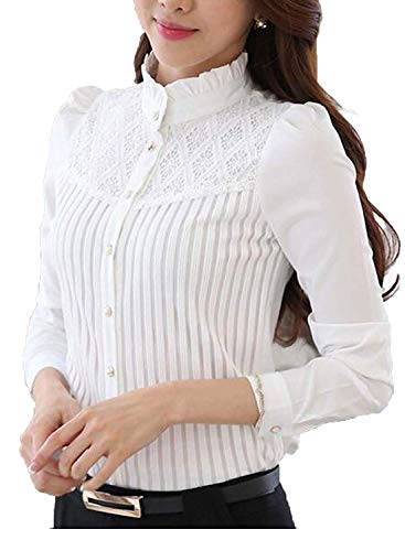 Smile Fish Women Hollow Out Back Zipper Lace Long Sleeve Elegant Blouse (UK 4/Tag Size M, White2) steampunk buy now online