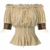 Belle Poque Women's Steampunk Half Sleeve Off Shoulder Leather Cuffs Trim Tops Khaki Size S steampunk buy now online