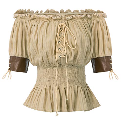Belle Poque Women's Steampunk Half Sleeve Off Shoulder Leather Cuffs Trim Tops Khaki Size S steampunk buy now online