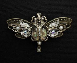 Gothic Art Nouveau bronze dragonfly and death watch beetle pin brooch + pearlescent abalone-style body, faux pearls, & rhinestone crystals by KindHeartsEmporium steampunk buy now online