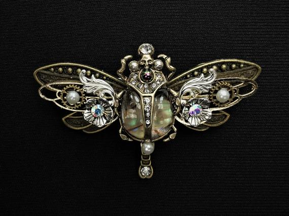 Gothic Art Nouveau bronze dragonfly and death watch beetle pin brooch + pearlescent abalone-style body, faux pearls, & rhinestone crystals by KindHeartsEmporium steampunk buy now online