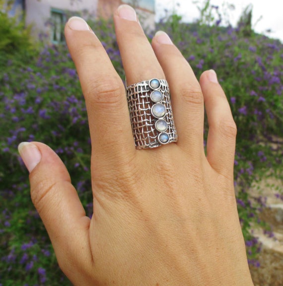 MOTHER'S DAY Sterling silver moonstone ring, Long statement oxidized silver ring for her, Genuine design multi stone ring by Porans steampunk buy now online