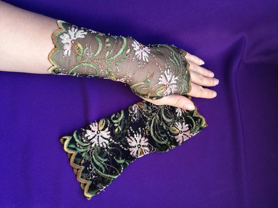 Navy with color floral lace Fingerless Gloves, Witch, Wedding, Gothic, Regency, Tribal, Bellydance, Goth, Bridesmaid, Vampire, Helloween by DreamsDay steampunk buy now online