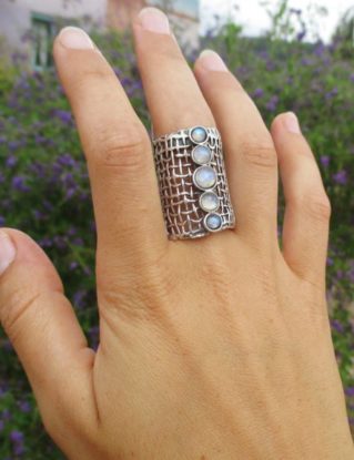 Sterling silver moonstone ring, Long statement oxidized silver ring for her, Genuine design multi stone ring by Porans steampunk buy now online