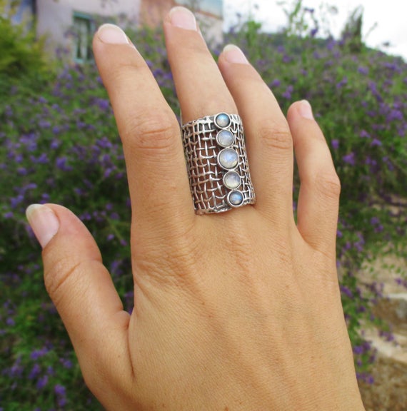Sterling silver moonstone ring, Long statement oxidized silver ring for her, Genuine design multi stone ring by Porans steampunk buy now online
