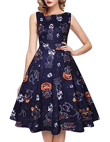 ihot Womens Halloween Costume Retro Sleeveless 1950s Evening Dress Swing Pumpkin Printed Ladies Dress for Halloween Cosplay,Animal Pumpkin XL steampunk buy now online