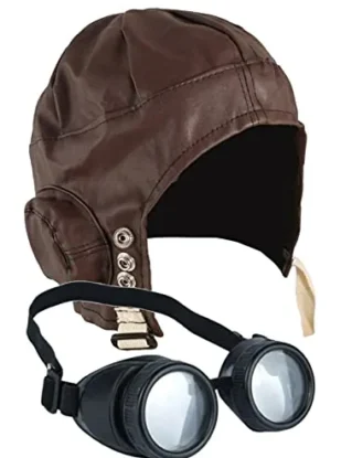 DreamzFit - Men Women Aviator Pilot Hat Steampunk Goggles And Mustache 1940s Wartime Adult Fancy Dress Costume Accessory (Aviator Pilot Hat + Goggles) steampunk buy now online