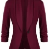iClosam Women's 3/4 Ruched Sleeve Blazer Open Front Lightweight Office Cardigan Jacket Wine Red steampunk buy now online iClosam Women's 3/4 Ruched Sleeve Blazer Open Front Lightweight Office Cardigan Jacket Wine Red steampunk buy now online