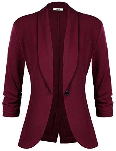 iClosam Women's 3/4 Ruched Sleeve Blazer Open Front Lightweight Office Cardigan Jacket Wine Red steampunk buy now online