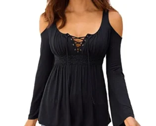 Lazzboy Women Deep V Neck Off Shoulder Slim fit Drawstring Lace Patchwork Long Sleeve Tops Blouse Pullover Plus Size (12,Black) steampunk buy now online