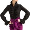Loalirando Women Vintage Victorian Button Down Trumpet Sleeve Tops High Neck Frilly Ruffle Shirt Blouse (Black, XXL) steampunk buy now online