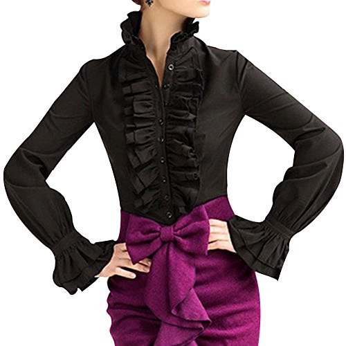 Loalirando Women Vintage Victorian Button Down Trumpet Sleeve Tops High Neck Frilly Ruffle Shirt Blouse (Black, XXL) steampunk buy now online