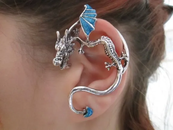 Blue glitter ethereal dragon ear cuff jewelry by StylesBiju steampunk buy now online