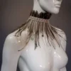 Emu feather choker / Brown, grey and black pheasant feather collar / Boho fringe collar / Fringe feather emu necklace / Vintage lace by MetamorphQC steampunk buy now online