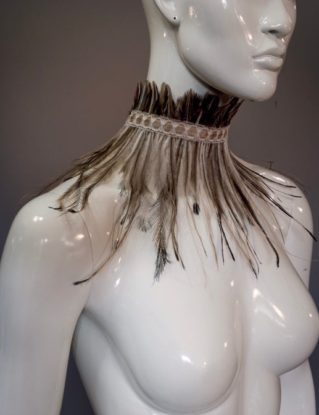 Emu feather choker / Brown, grey and black pheasant feather collar / Boho fringe collar / Fringe feather emu necklace / Vintage lace by MetamorphQC steampunk buy now online