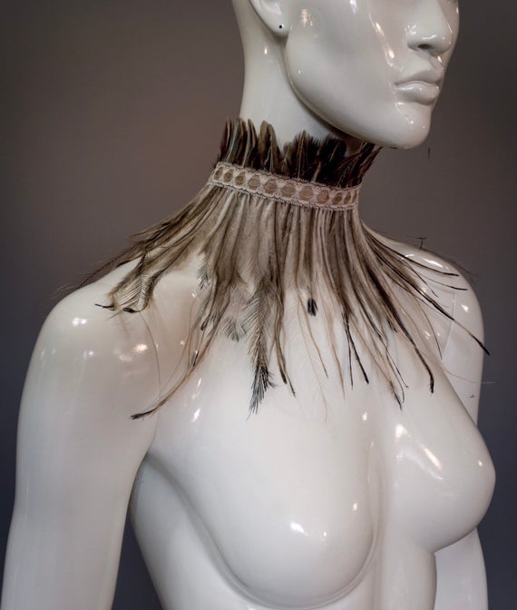 Emu feather choker / Brown, grey and black pheasant feather collar / Boho fringe collar / Fringe feather emu necklace / Vintage lace by MetamorphQC steampunk buy now online