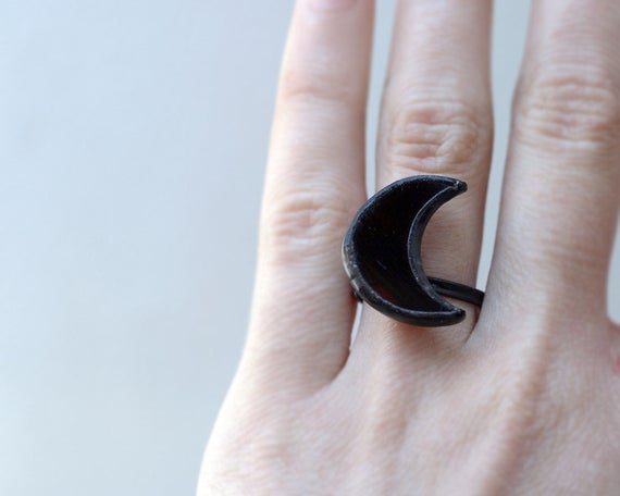 Half Moon Ring, Halloween Jewelry, Black Moon, Adjustable, Cocktail Ring, Simple Beautiful, Celestial Gift by ArtKvarta steampunk buy now online