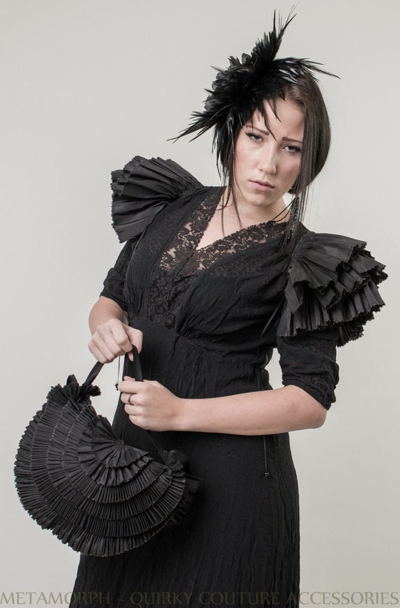 Pin up frilly bag / Black ruffled evening bag / Pleated purse Convertible from Crossbody bag to Shoulder bag to Handbag / Steampunk ooak by MetamorphQC steampunk buy now online