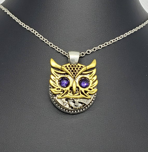 Purple Eyed Owl Pendant by StetsiArt steampunk buy now online