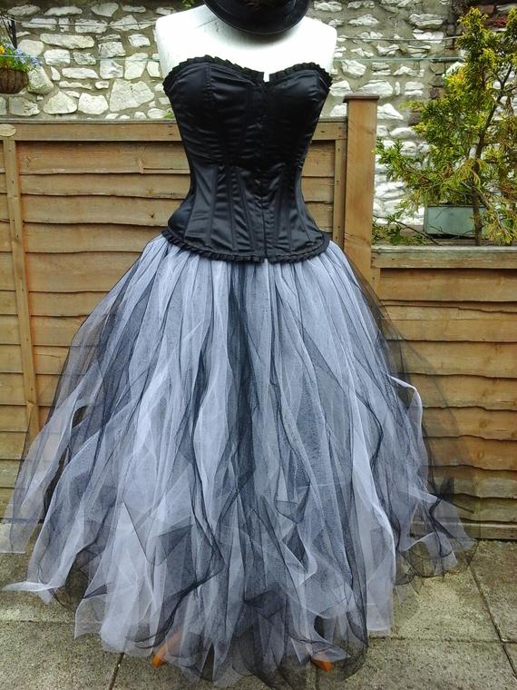 tulle tutu skirt petticoat unique white black fae fairy goth LINED long