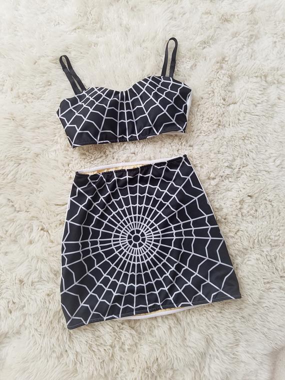 Vintage inspired two piece spiderweb set high waist bikini swim skirt retro pinup swimsuit Made to order by RedDollySwimwear steampunk buy now online