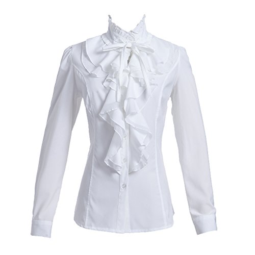 Taiduosheng Women Shirts Lace Ruffle Neck Stand-Up Collar Button Down Blouse Long Sleeve OL Shirt Tops M White steampunk buy now online