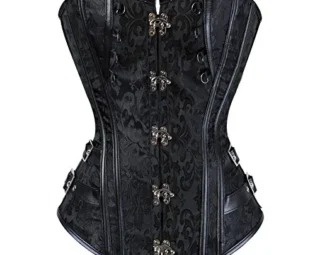 Grebrafan Sexy Steampunk Jacquard Corset Faux Leather Studded Overbust Bustier (UK(10-12) L, Black) steampunk buy now online