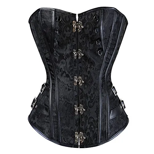 Grebrafan Sexy Steampunk Jacquard Corset Faux Leather Studded Overbust Bustier (UK(10-12) L, Black) steampunk buy now online