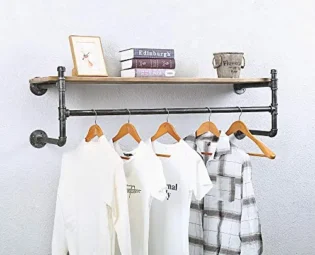 Industrial Pipe Clothing Rack Wall Mounted with Real Wood Shelf,Rustic Retail Garment Rack Display Rack Cloths Rack,Pipe Shelving Floating Shelves Wall Shelf,48in Steam Punk Commercial Clothes Racks steampunk buy now online