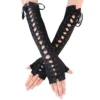 JISEN Womens Full Length Fingerless Lace Up Arm Warmer Satin Gloves Black steampunk buy now online