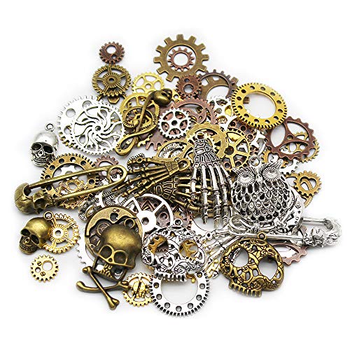 Mila-Amaz 80 Pcs Assorted Antique Steampunk Gears Metal Skeleton Pendant Charms Cogs for Jewelry Making Accessory - Bronze, Silver steampunk buy now online