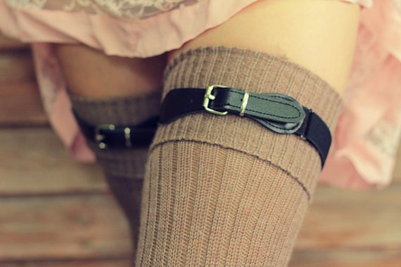 BLACK Elastic Clip Garters for THIGH High Socks - Buckles faux leather Elastic Stocking Suspenders - vegan friendly adjustable over socks by footFETISHsocks steampunk buy now online