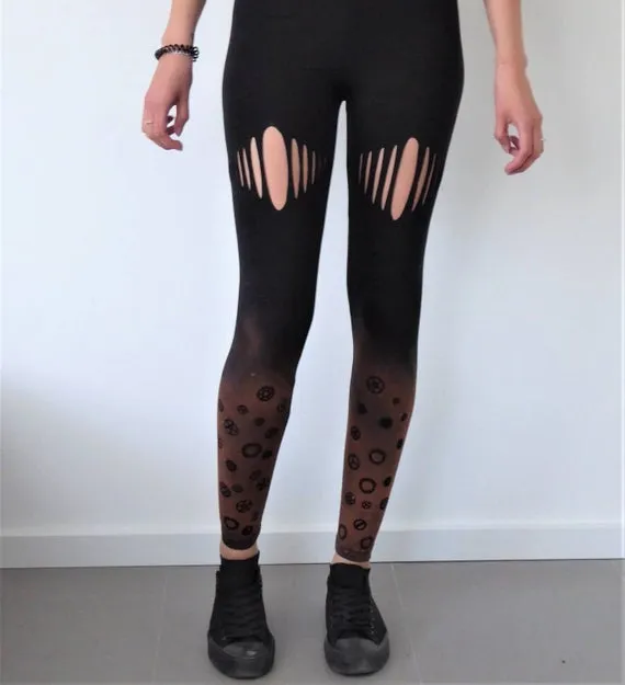 Bleached steampunk cut out leggings with gears, punk leggings, black, cotton, with or without cut out, XS-XL by AnjuRi steampunk buy now online